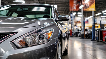 Fototapeta premium Close-up of sleek silver car in modern automotive workshop with bright lights