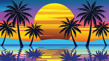 Obraz premium Tropical Sunset with Palm Trees – Vibrant Beach Landscape Vector