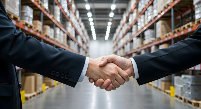 Businessmen Shake Hands in Front of Warehouse Shelves Full of Boxes wearing Suits Illustrating Partnership and Logistics