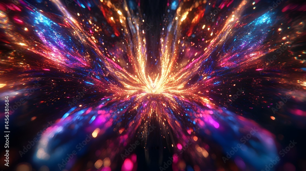 Poster dynamic abstract design with vibrant colors and glowing particles.