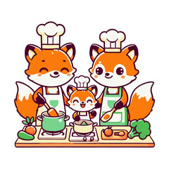 Fox Family Cooking Meal Together in Kitchen with Vegetables Illustration