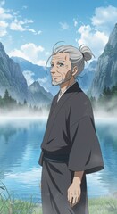 Fototapeta premium Serene Mountain Vista: An Elderly Man Contemplates Nature's Majesty