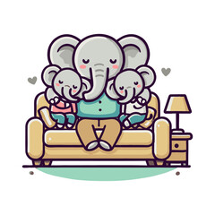 Elephant Family Cuddle On Couch In Flat Illustration