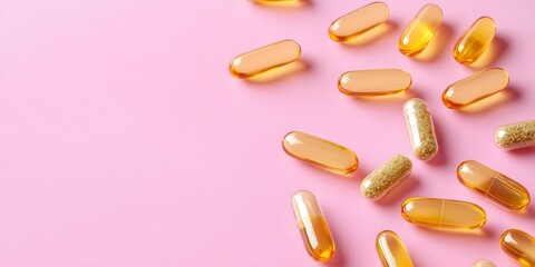Scattered Capsules on Pink Background Health Supplements Vitamins