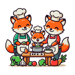 Fototapeta premium Fox Family Cooking Meal Together with Chef Hats and Vegetables Illustration