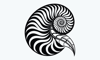 Nautilus shell silhouette, Nautilus sea shell or spiral round snail shell vector silhouette on white background
