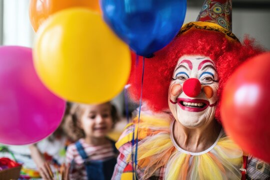 Smiling clown entertaining children with colorful balloons at a birthday party in a vibrant indoor setting - Powered by Adobe