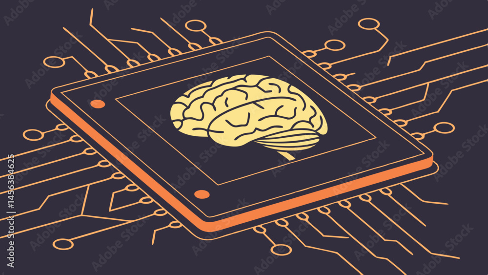 Poster vector glowing brain clip circuit board, neural network technology, linear artificial intelligence, 