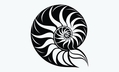 Obraz premium Nautilus shell silhouette, Nautilus sea shell or spiral round snail shell vector silhouette on white background