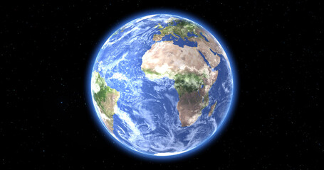 Planet Earth Spinning 360, Photorealistic 3D Rendering Animation, Blue planet among the stars.