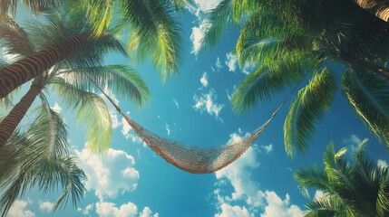 Obraz premium Person Relaxing in Hammock Under Palm Trees, Sunny Day