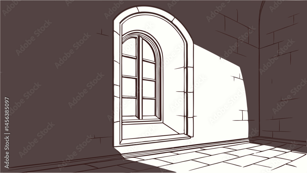 Poster vector minimalist illustration of arched window casting shadows on stone floor, creating serene atmo