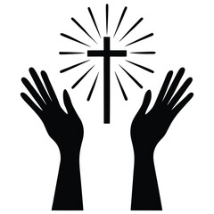 Fototapeta premium Silhouette of Praying Hands Raised Towards a Shining Cross