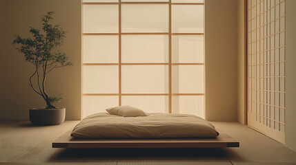 Simple Bedroom with Futon and Tatami Mat Floor