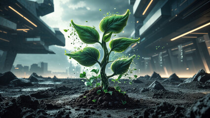 A thriving green plant emerging in a futuristic urban landscape with modern architecture