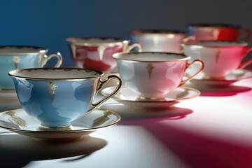 Fototapeta premium A collection of elegant teacups in pastel colors, showcasing delicate gold detailing and a sophisticated design.