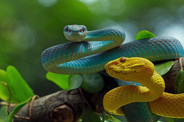trimeresurus insularis, pit viper snakes on the branch