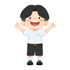 happy schoolboy raising his arms in the air