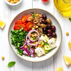 Top View of Vibrant Mediterranean Summer Salad Bowl