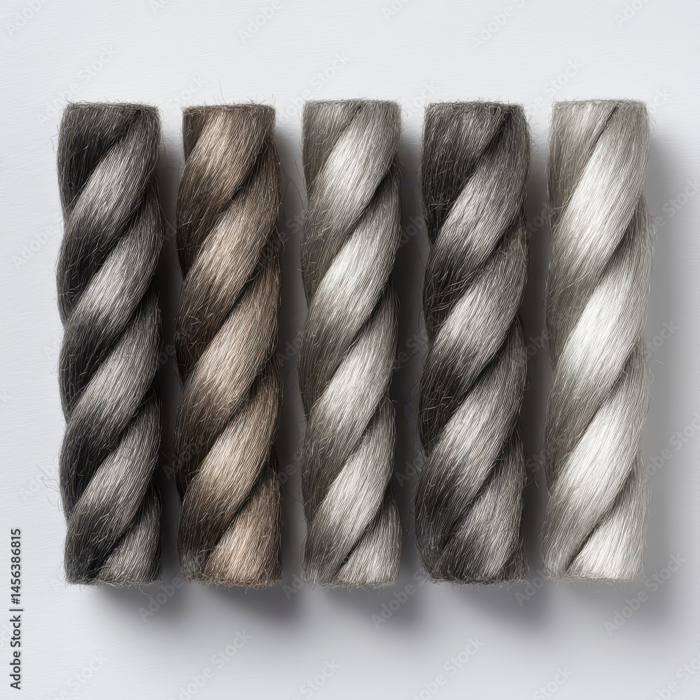 Poster detailed view of twisted strands of synthetic fiber in various shades of gray arranged in a row on a