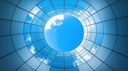 Abstract blue sky view through a futuristic grid tunnel with dig