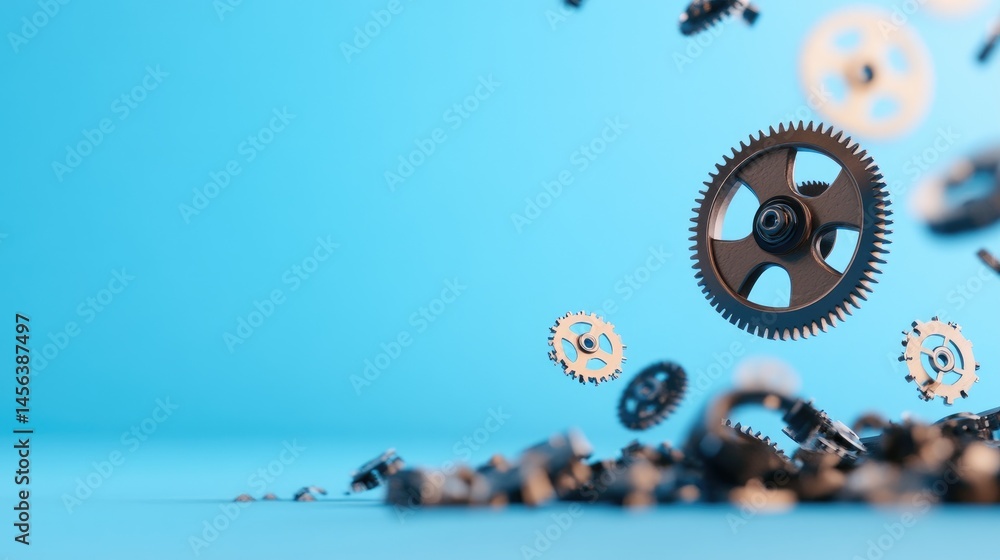 Poster floating gears and cogs engineering mechanical technology metallic elements modern backdrop