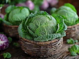Savoy cabbages in basket rustic still