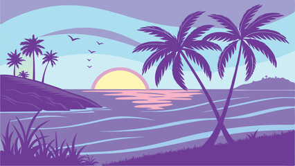 Naklejka premium Tropical Sunset Beach with Palm Trees - Vibrant Coastal Landscape Vector
