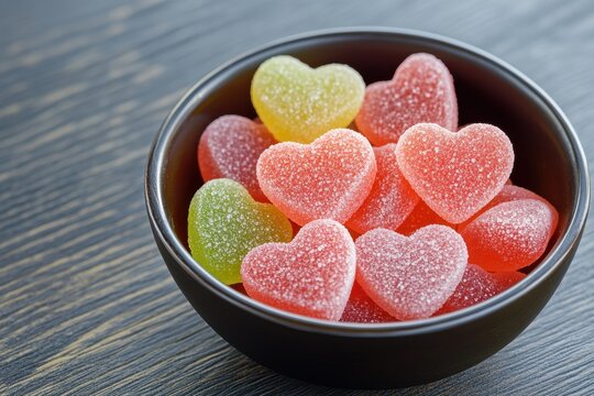 Colorful heart-shaped gummy candies in a bowl on a wooden table