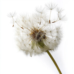 White Dandelion Puff Releasing Seeds Against White Background  