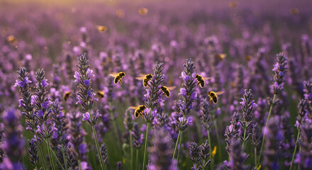 Fototapeta premium Bees pollinating purple lavender flowers in field spring close up nature.