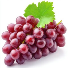Fototapeta premium Bunch of red grapes with green leaf isolated on white background