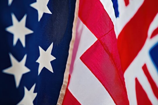Close-Up of Intertwined USA and United Kingdom Flags Illustrating International Relations