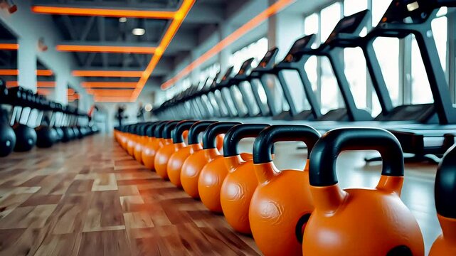 Orange Kettlebells Aligned in Modern Gym with Wooden Flooring