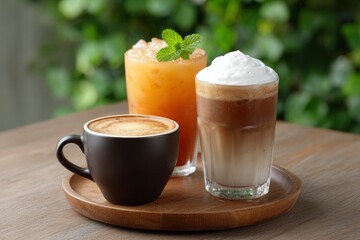 Coffee Drink Assortment on Wooden Tray