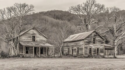Abandoned homes in rural landscape