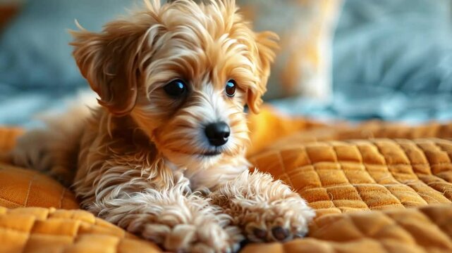 Cute maltipoo puppy sitting on bed