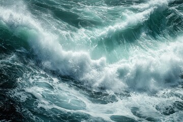 Fototapeta premium Powerful Ocean Wave Crashing, Creating Foamy White Water Texture, Natural Teal Blue Shades, Abstract Seascape