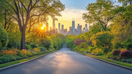 Fototapeta premium Scenic avenue leading to a distant city skyline at sunset blendi
