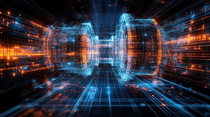 Abstract technology network with glowing blue and orange lights 