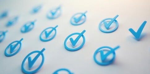 Numerous blue checkmarks scattered on a surface; verification concept , security, badge, approval