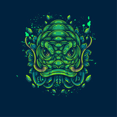 green cat fish artwork illustration with floral ornament