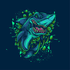 shark with green leaf artwork illustration
