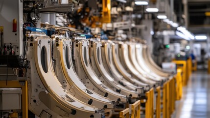 Bent door frames lined up on factory rack with automated machinery behind