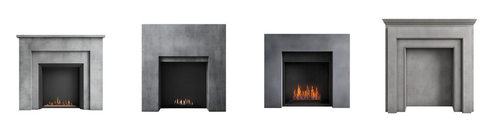 Sleek and contemporary concrete fireplaces in a neutral color palette.