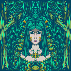 woman tribe in the forest artwork illustration