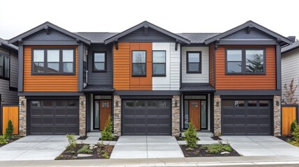 Modern townhouse facade with garage doors presenting real estate