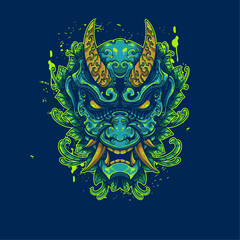  oni mask with floral ornament artwork illustration