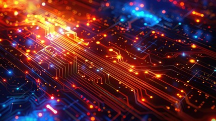 Fototapeta premium Abstract of chip on complex circuit with digital technology style design and neon electric light graphic show dynamic movement represent about processor algorithm process on high tech device. AIG51.