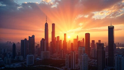 Fototapeta premium City Skyline at Sunset: Capture the mesmerizing cityscape silhouetted against a vibrant sunset, painting the sky with hues of orange and gold as the sun's rays radiate over the urban sprawl.